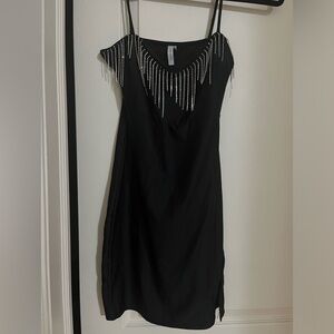 Black mini dress with hanging rhinestones